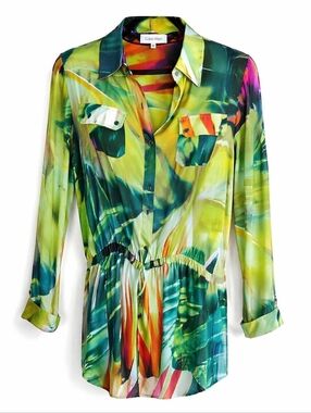 Calvin Klein Green Abstract Print Cinch Waist Tunic Button Front Blouse Medium